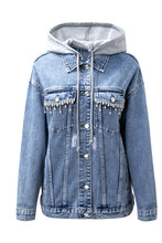 Load image into Gallery viewer, Sky Blue Rhinestone Fringed Hooded Denim Jacket
