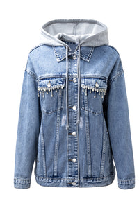 Sky Blue Rhinestone Fringed Hooded Denim Jacket