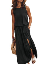 Load image into Gallery viewer, Black Solid Sleeveless Tunic Maxi Dress with Split
