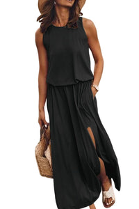 Black Solid Sleeveless Tunic Maxi Dress with Split