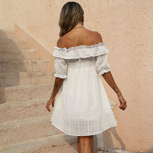 Off-Shoulder White Flounce Sleeve Dress