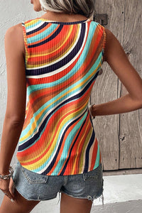 Multi-Color Tank Top |  Wavy Striped Buttoned V Neck Top