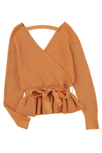 Load image into Gallery viewer, Brown Rib Knit Surplice Neck Belted Peplum Sweater | Tops/Sweaters &amp; Cardigans
