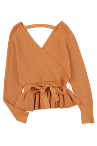 Brown Rib Knit Surplice Neck Belted Peplum Sweater | Tops/Sweaters & Cardigans