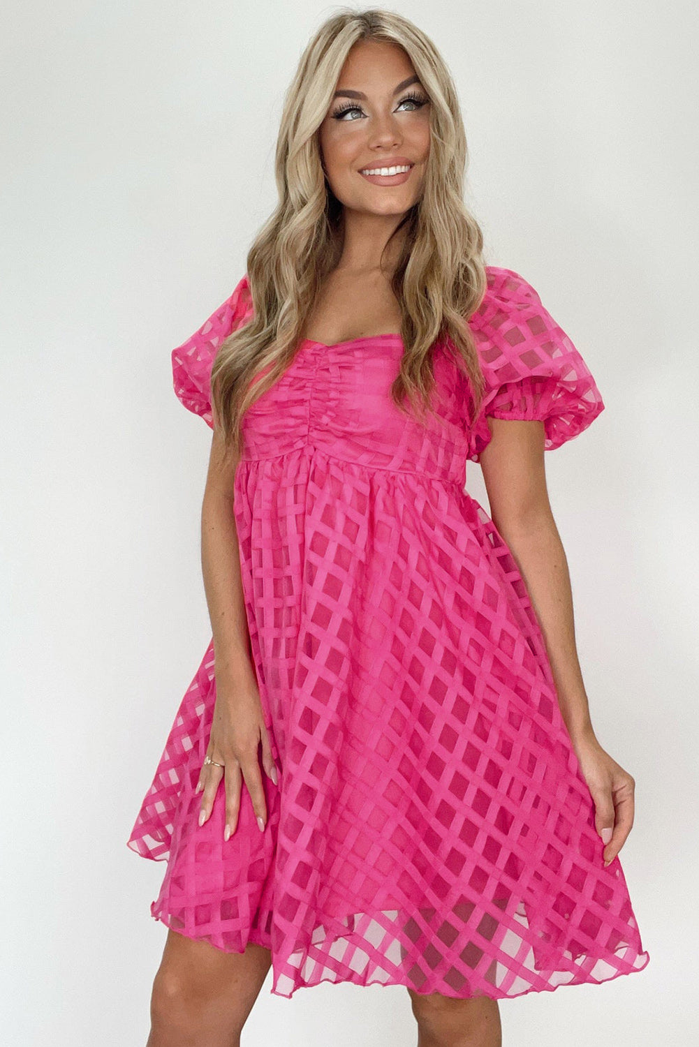 Strawberry Pink Checkered Puff Sleeve Babydoll Dress | Dresses/Mini Dresses