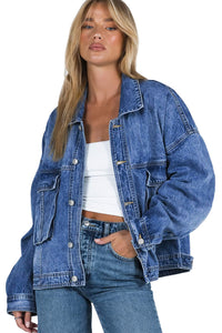 Loose Denim Jacket | Blue Chest Pockets Drop Shoulder Jacket