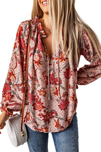 Pink Split V Neck Printed Blouse | Tops/Blouses & Shirts