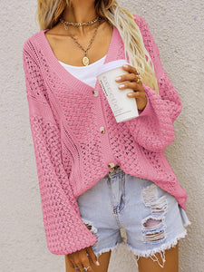 Pink Openwork Button Front Cardigan