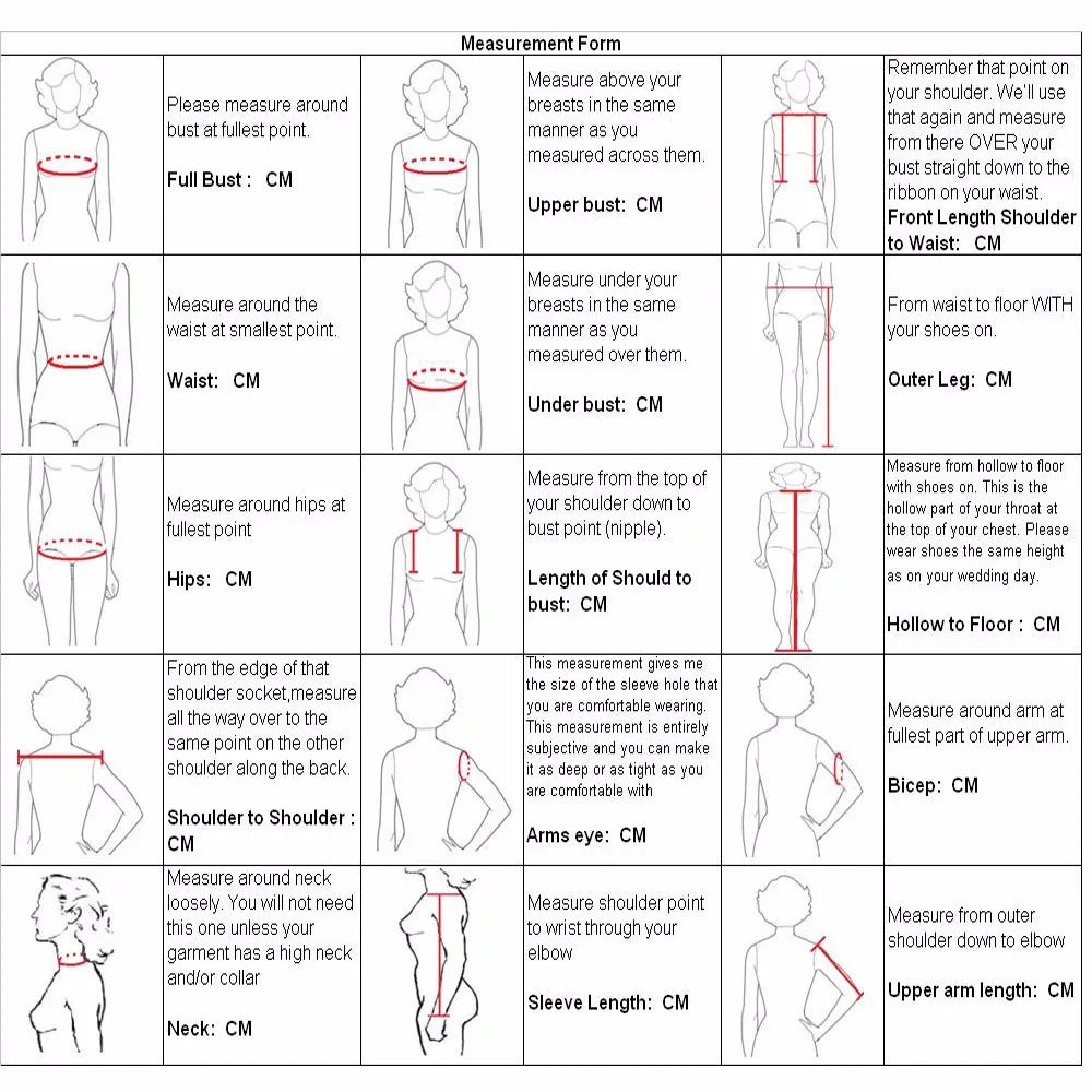 measurement sheet for Detachable Sleeves Bridal Gown