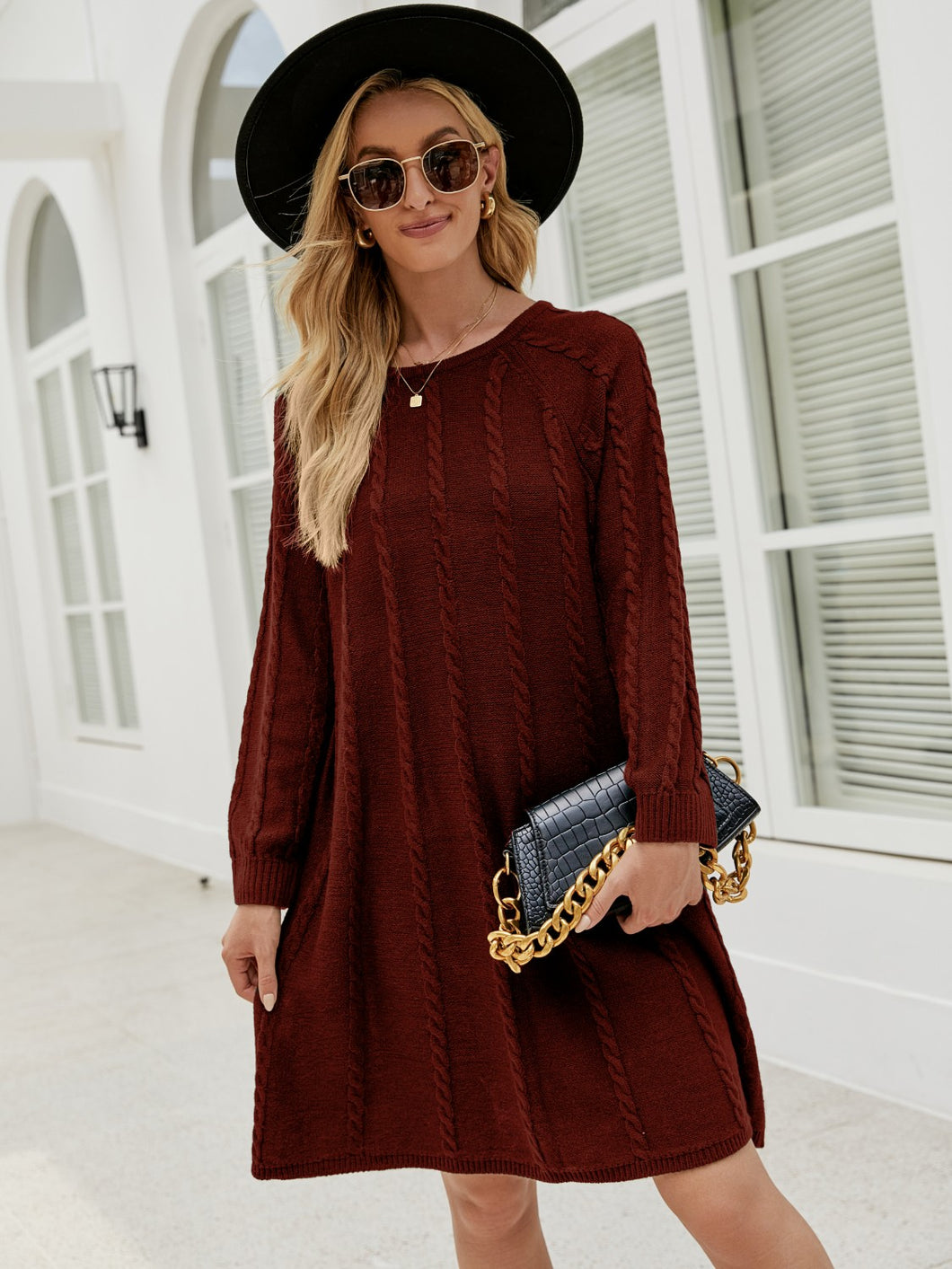 Womens Sweater Dress-Cable-Knit Long Sleeve Sweater Dress | sweater