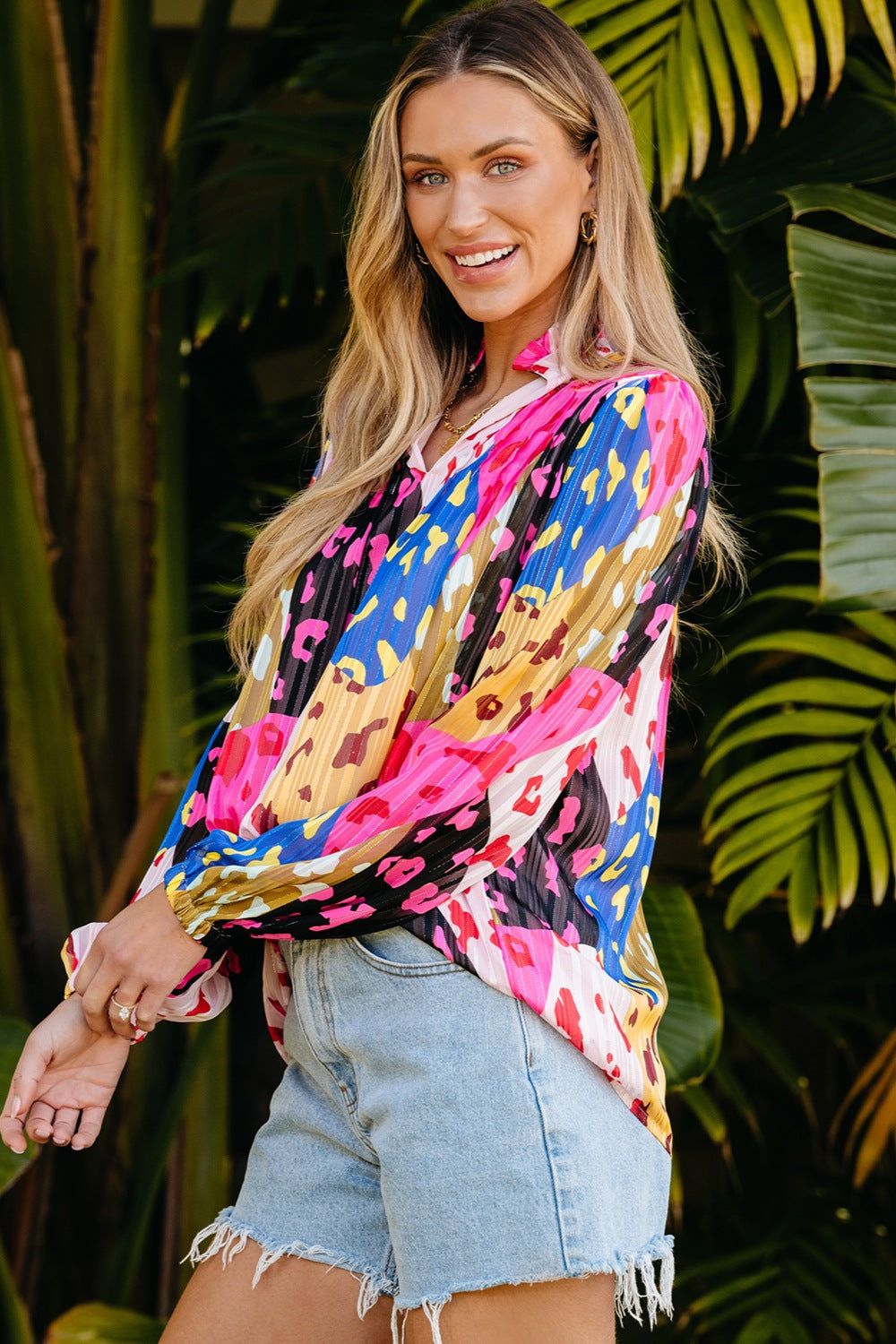 Womens Blouse-Printed Notched Long Sleeve Blouse | Tops/Blouses & Shirts