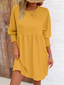 Womens Mini Dress-Round Neck Lantern Sleeve Mini Dress | Dress