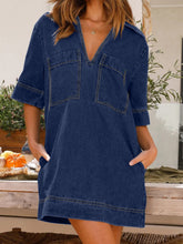 Load image into Gallery viewer, Womens Dress-Johnny Collar Half Sleeve Denim Dress | denim dress
