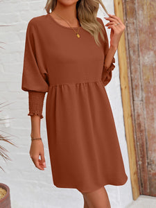 Womens Mini Dress-Round Neck Lantern Sleeve Mini Dress | Dress