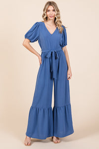 Womens Jumpsuit-GeeGee Full Size V-Neck Belted Wide Leg Jumpsuit | jumpsuit