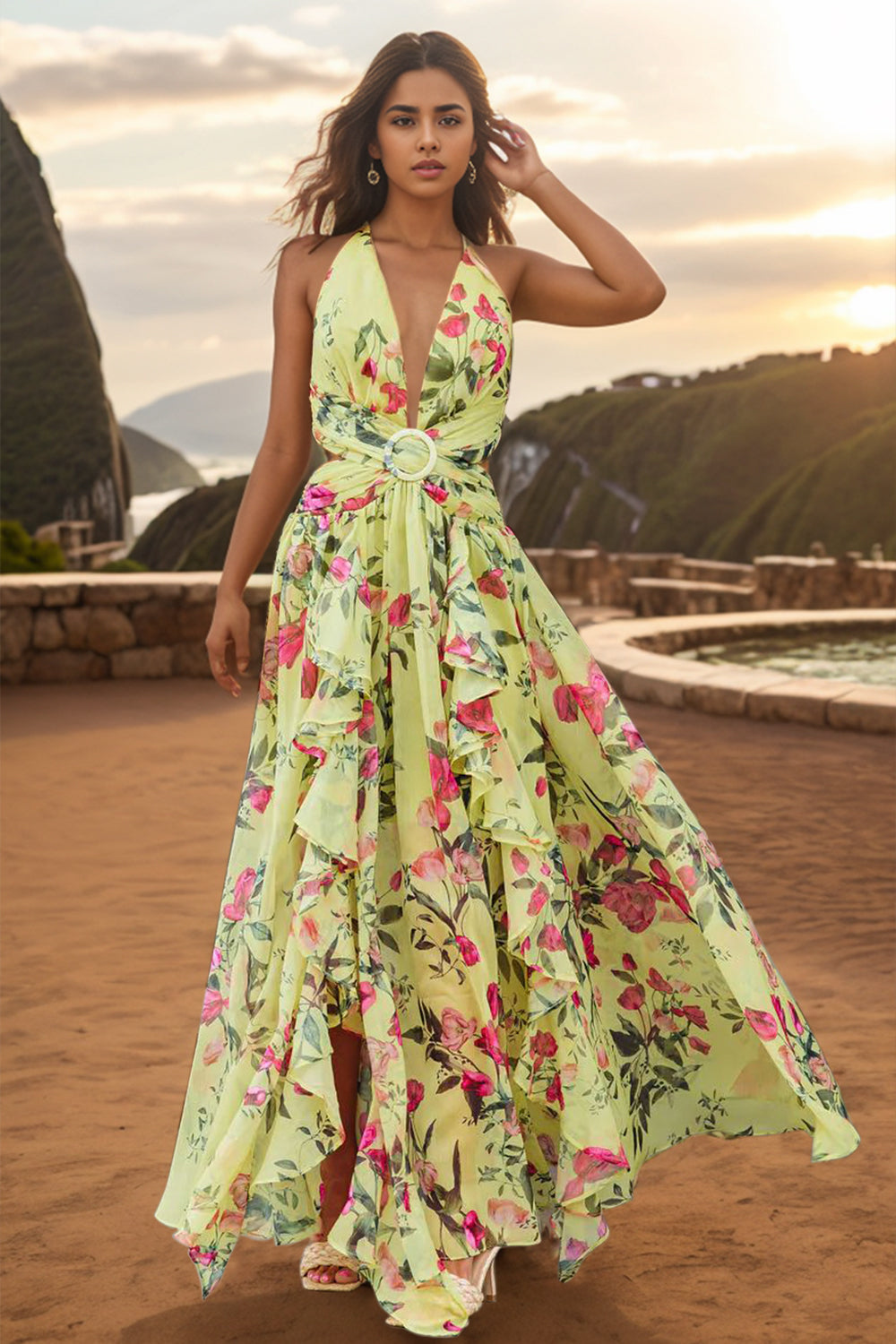 Womens Dress-Backless Printed Plunge Sleeveless Dress | Dresses/Maxi Dresses