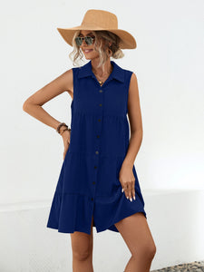 Womens Mini Dress-Button Up Sleeveless Mini Dress | Dress