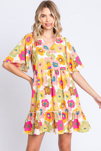 Womens Mini Dress-GeeGee Full Size Floral V-Neck Ruffle Trim Mini Dress | Dress