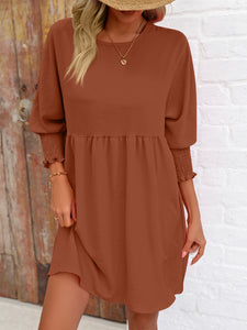 Womens Mini Dress-Round Neck Lantern Sleeve Mini Dress | Dress