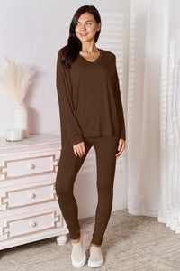 Basic Bae Full Size V-Neck Soft Rayon Long Sleeve Top and Pants Lounge Set | leggings