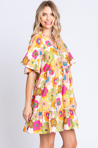 Womens Mini Dress-GeeGee Full Size Floral V-Neck Ruffle Trim Mini Dress | Dress