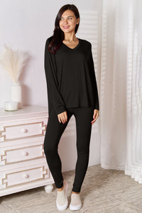 Basic Bae Full Size V-Neck Soft Rayon Long Sleeve Top and Pants Lounge Set | leggings