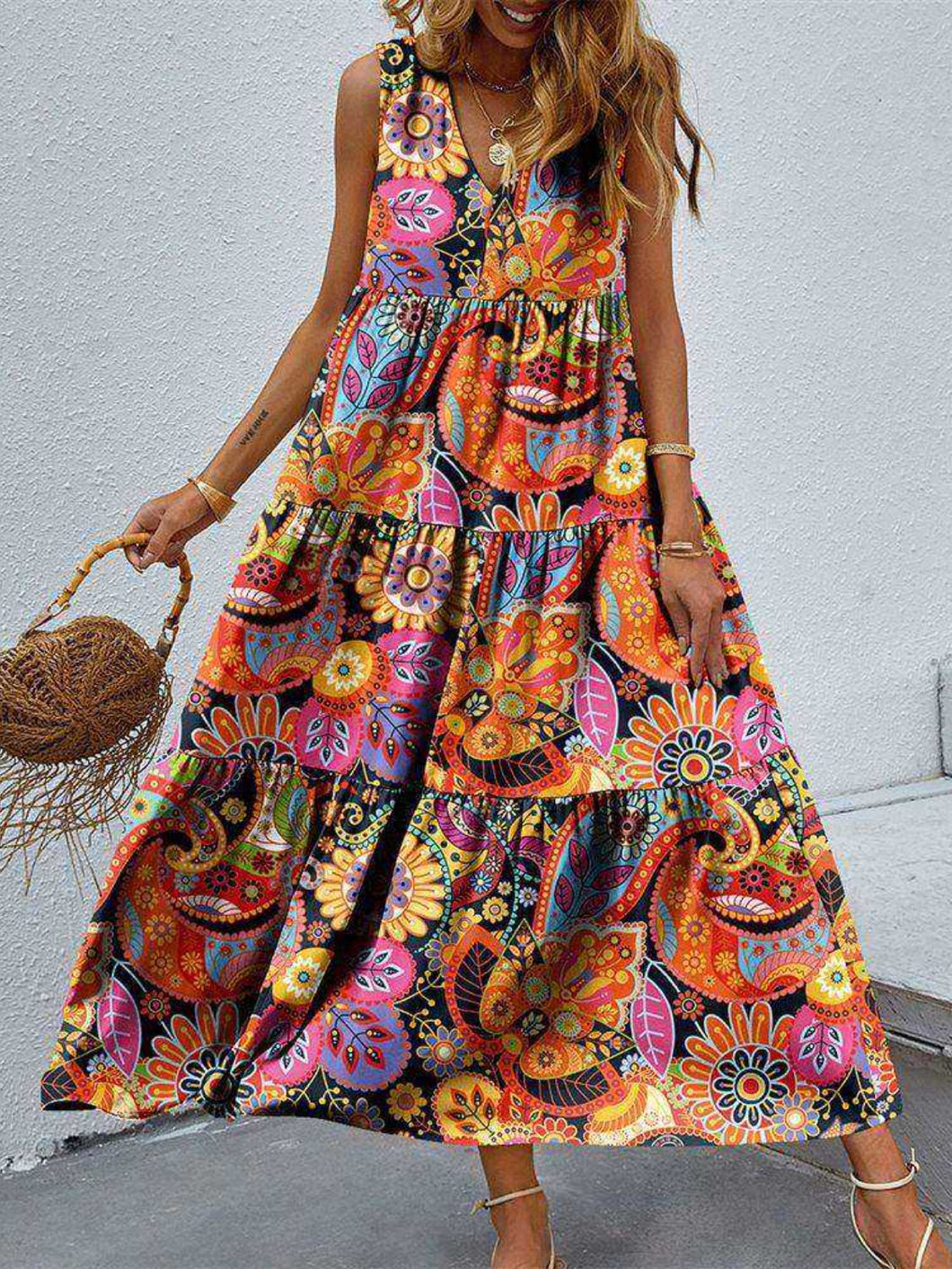 Womens Dress-Tiered Printed V-Neck Sleeveless Dress | Dresses/Maxi Dresses