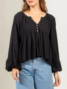 Womens Blouse-Notched Balloon Sleeve Peplum Blouse | Tops/Blouses & Shirts