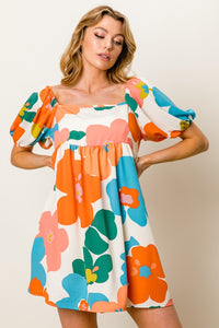 Womens Mini Dress-Colorful BiBi Floral Puff Sleeve Mini Dress | Dress