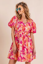 Load image into Gallery viewer, Womens Mini Dress-BiBi Floral V-Neck Puff Sleeve Mini Dress | Dress
