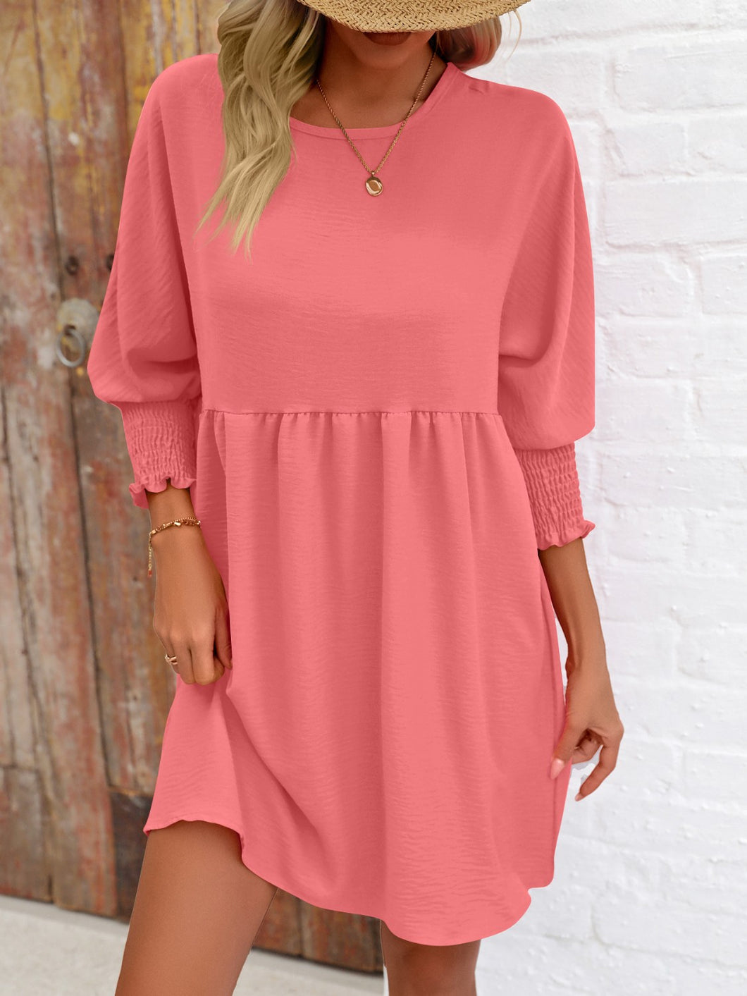 Womens Mini Dress-Round Neck Lantern Sleeve Mini Dress | Dress