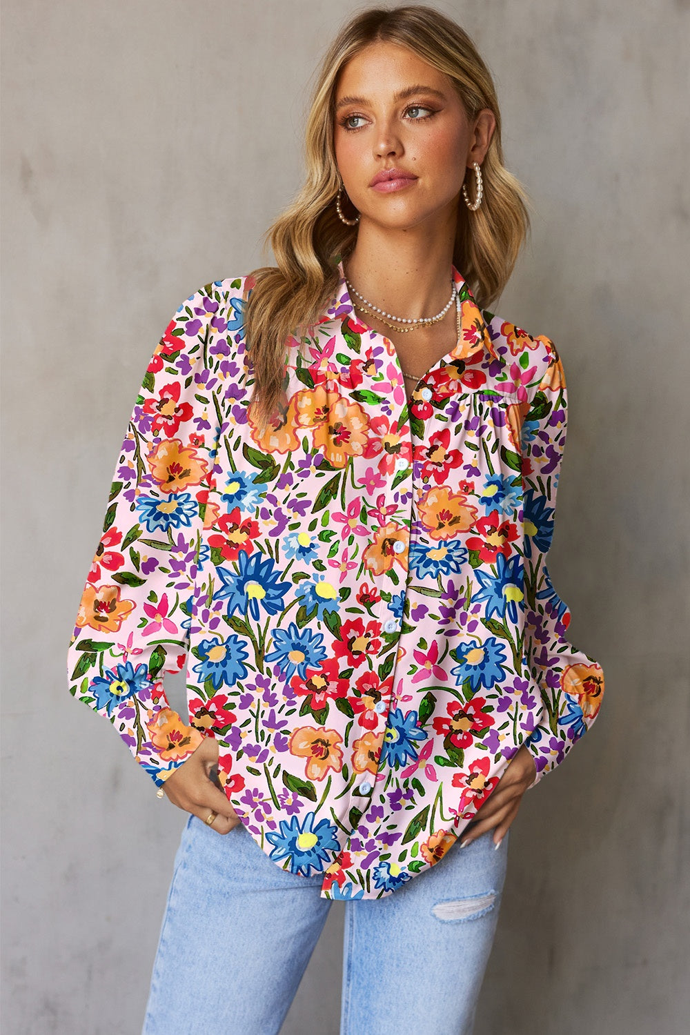 Womens Blouse-Printed Collared Neck Long Sleeve Shirt | Tops/Blouses & Shirts