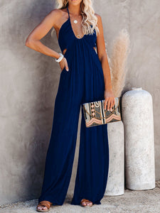 Womens Jumpsuit-Halter Neck Wide Leg Jumpsuit