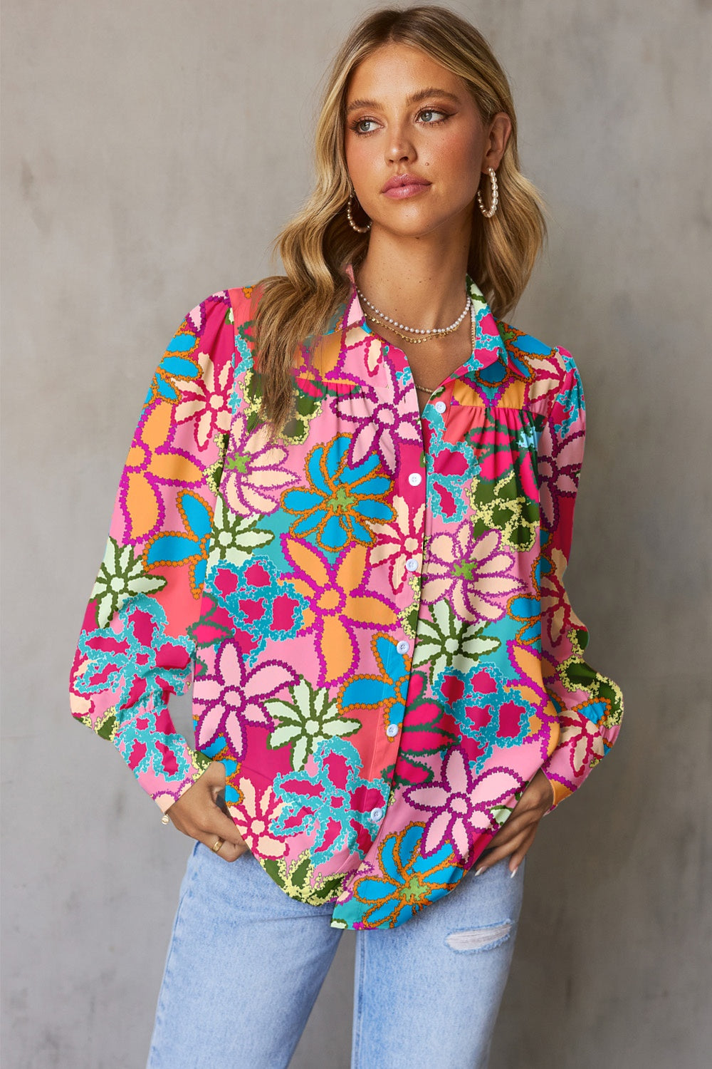 Womens Blouse-Printed Collared Neck Long Sleeve Shirt | Tops/Blouses & Shirts