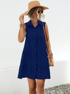 Womens Mini Dress-Button Up Sleeveless Mini Dress | Dress