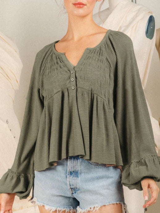 Womens Blouse-Notched Balloon Sleeve Peplum Blouse | Tops/Blouses & Shirts