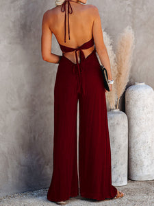 Womens Jumpsuit-Halter Neck Wide Leg Jumpsuit