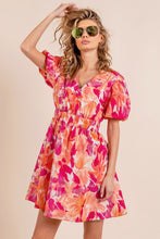 Load image into Gallery viewer, Womens Mini Dress-BiBi Floral V-Neck Puff Sleeve Mini Dress | Dress
