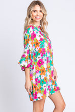 Load image into Gallery viewer, Womens Mini Dress-GeeGee Full Size Floral Round Neck Lantern Sleeve Mini Dress | dress
