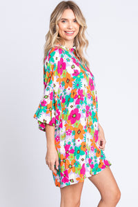 Womens Mini Dress-GeeGee Full Size Floral Round Neck Lantern Sleeve Mini Dress | dress