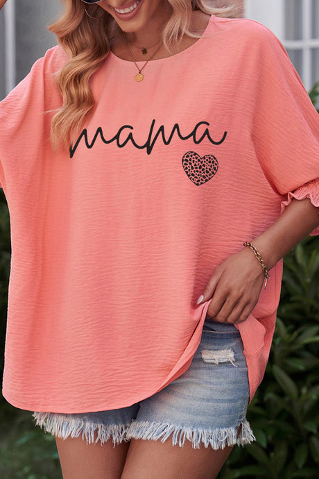Womens Blouse-MAMA Graphic Round Neck Lantern Sleeve Blouse | Tops/Blouses & Shirts