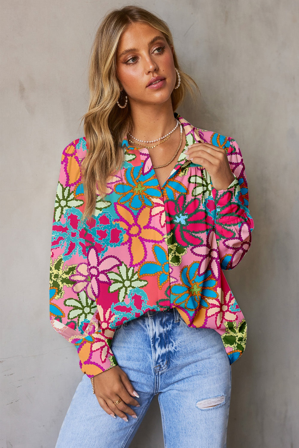 Womens Blouse-Printed Collared Neck Long Sleeve Shirt | Tops/Blouses & Shirts