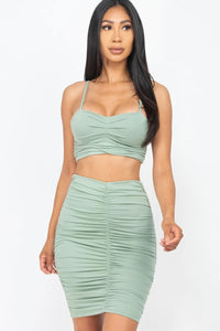 Bodycon Dress-Light Sage Ruched Crop Top And Skirt Sets