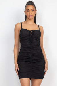 Womens Mini Dress-Black Front Ruched Mini Dress