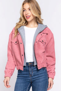 Womens Jacket-Pink Blue Long Sleeve Hoodie Corduroy Jacket