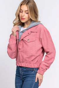 Womens Jacket-Pink Blue Long Sleeve Hoodie Corduroy Jacket
