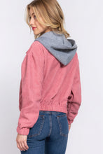 Load image into Gallery viewer, Womens Jacket-Pink Blue Long Sleeve Hoodie Corduroy Jacket
