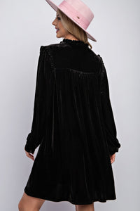 Womens Mini Dress- Black Mini Ruffle Detailing Velvet Dress