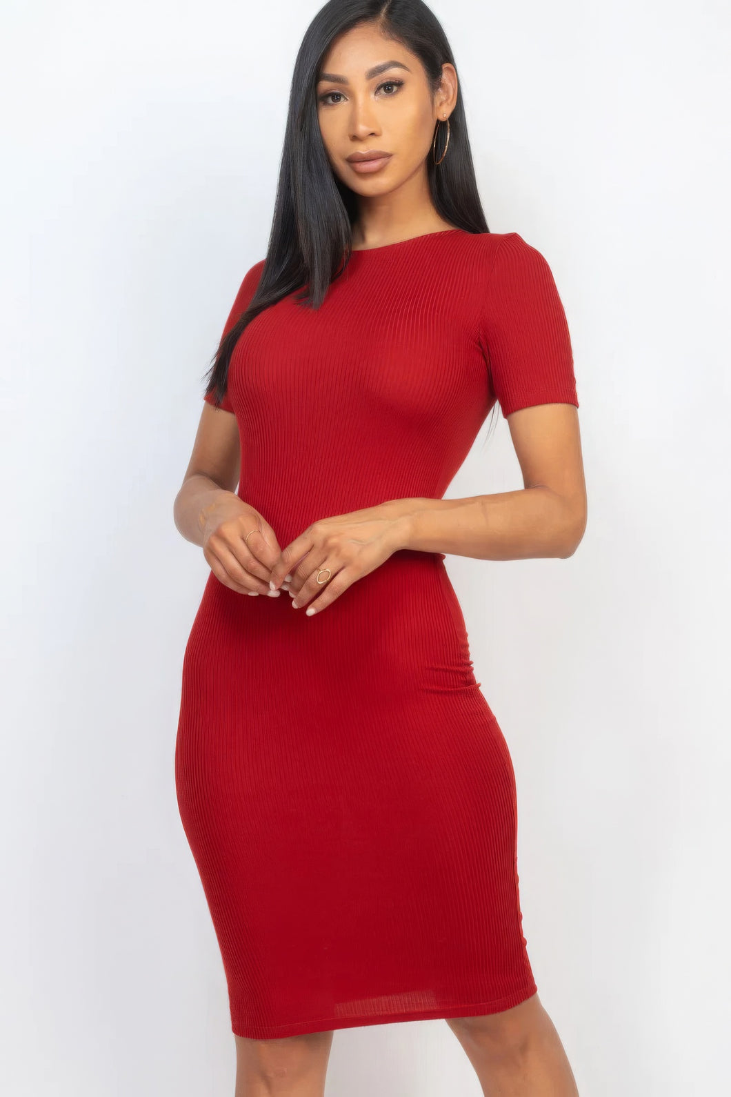 Womens Bodycon Dress- Red Ribbed Bodycon Midi Dress