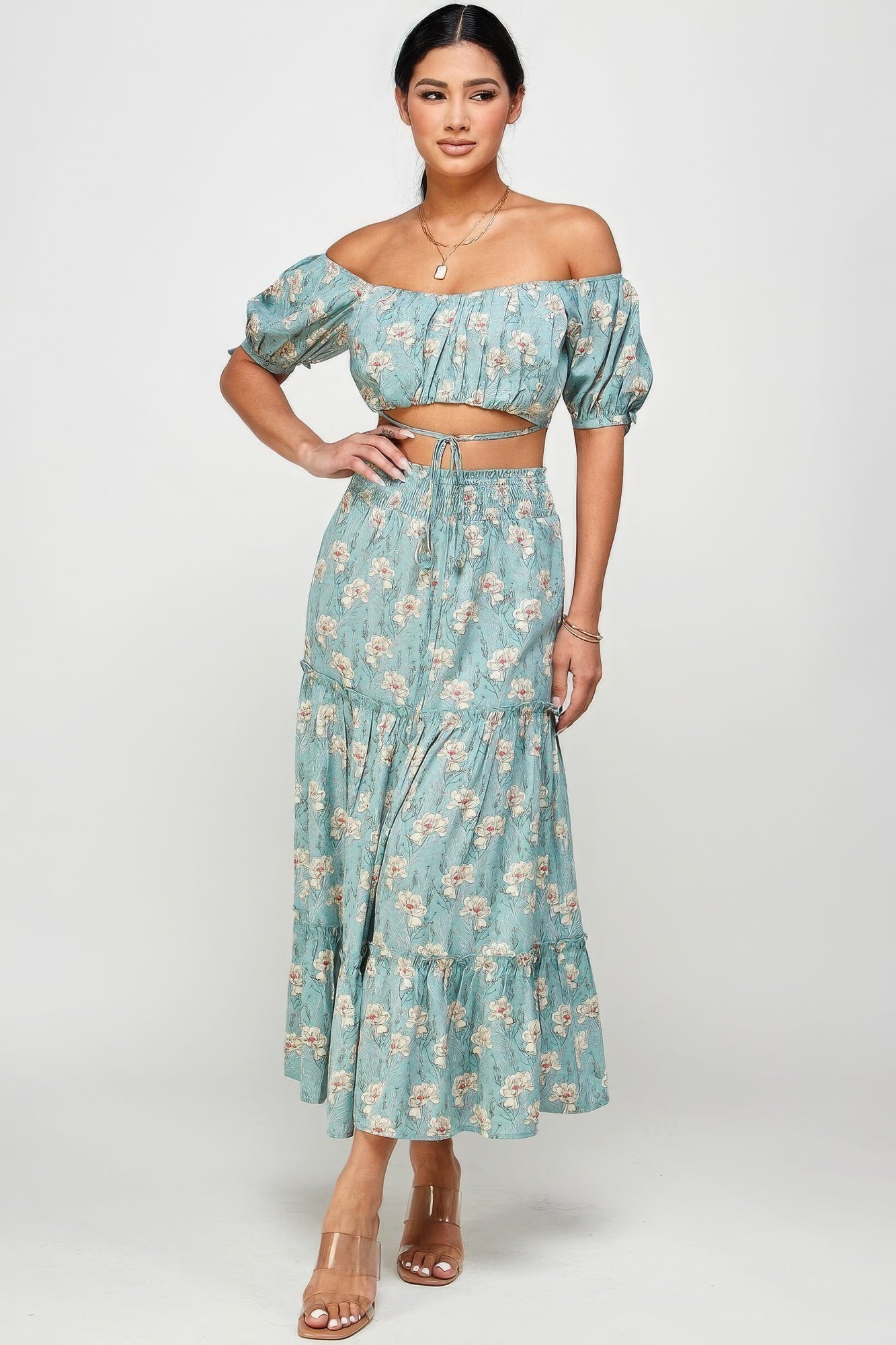 Floral Off Shoulder Sleeve Back Tie Top Skirt Set | Dresses/Midi Dresses